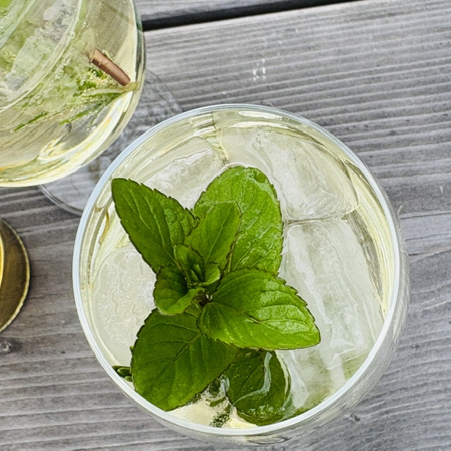 Met Honigwein Spritz im Glas von oben mit Minze